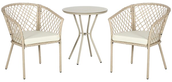 Outsunny Set da Giardino in Rattan con 2 Poltroncine con Cuscini e Tavolino da Caffè in Vetro, Khaki|Aosom