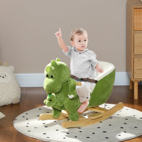 Cavallo a Dondolo per Bambini 32 Melodie in Legno e Peluche Dinosauro Verde