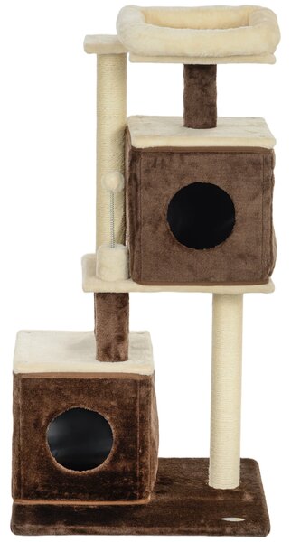 Albero Tiragraffi per Gatti 55x48x107 cm 2 Casette Lettino e Pallina in Tessuto Peluche Marrone e Beige