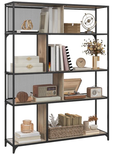 Libreria Design Industriale a 5 Livelli Porta Metallica Scorrevole 120x30x161 cm in Legno e Acciaio Nero e Grigio