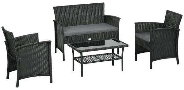 Outsunny Salotto da Esterno Rattan PE con Divanetto, 2 Poltrone con Cuscini e Tavolino in Vetro, Nero e Grigio|Aosom