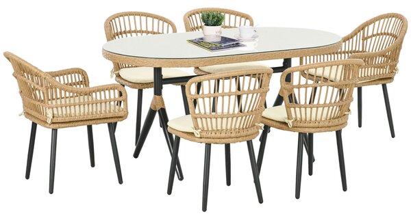 Outsunny Set da Giardino 7 Pezzi in Rattan PE con Tavolo da Pranzo 153x89x74 cm e 6 Sedie 52x62x78 cm con Cuscini | Aosom Italy