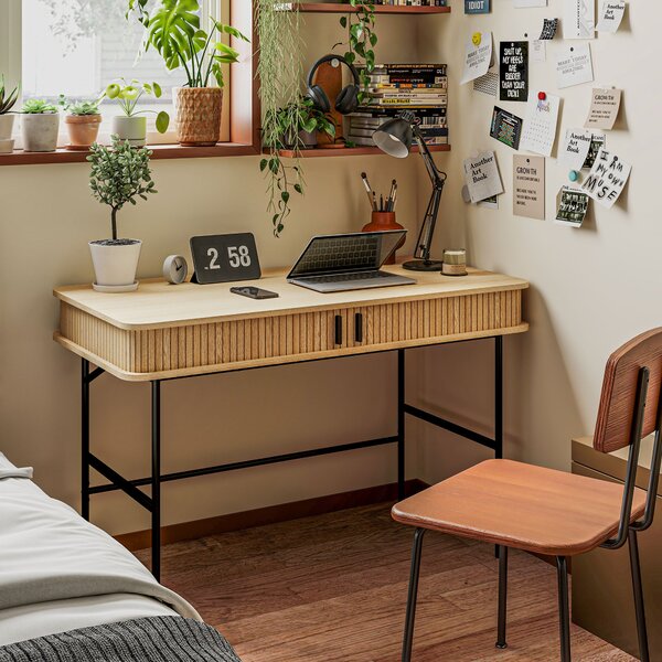 Scrivania con Cassetto ad Ante Scorrevoli 120x60x76,5cm in Legno Canettato Rovere e Nero