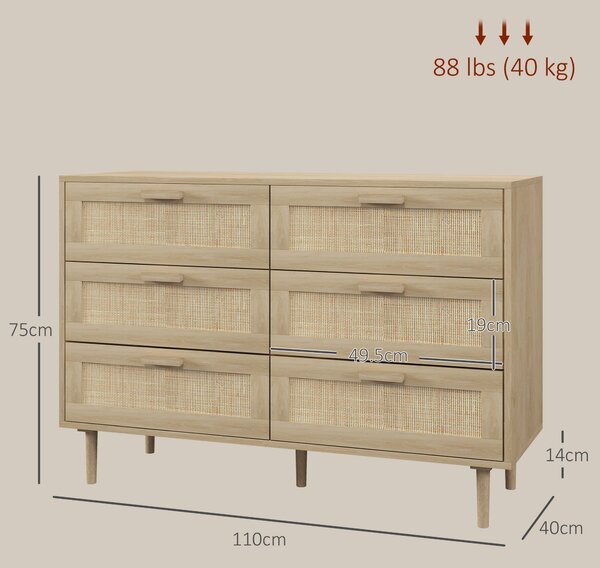 HOMCOM Cassettiera 6 Cassetti in Rattan con Gambe in Legno, Settimino per Soggiorno e Camera da Letto, 110x40x75 cm, Legno Naturale | Aosom Italy