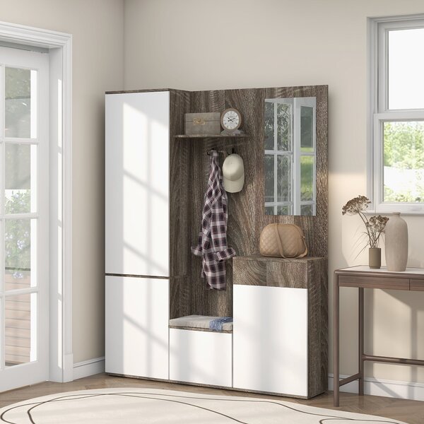 Mobile Guardaroba per Ingresso con Specchio Appendiabiti e Armadio 145x29x184 cm Nero e Bianco