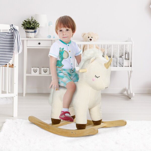 Cavallo a Dondolo per Bambini in Legno e Peluche Unicorno Bianco