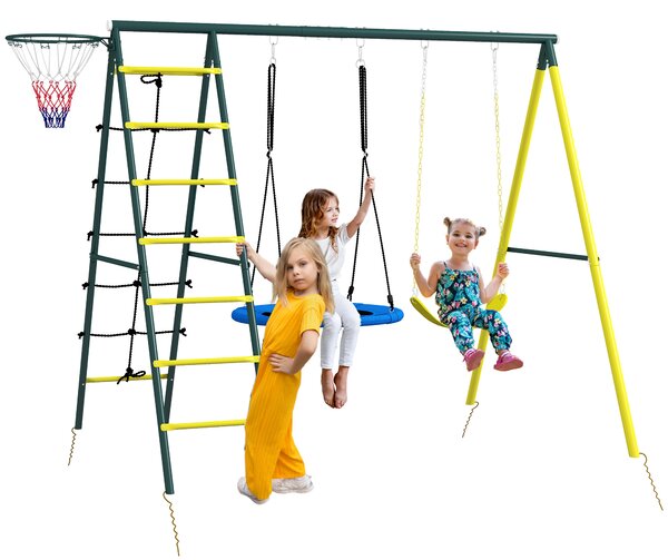 Outsunny Set Altalene da Giardino Rotonda e Classica, Scalette in Acciaio e Corda e Canestro per Bambini 3-8 Anni|Aosom