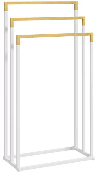 Kleankin Portasciugamani Autoportante a 3 Sbarre in Bambù e Acciaio, 45x22.5x86 cm, Bianco e Color Legno|Aosom