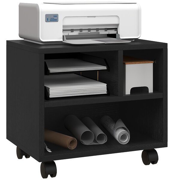 HOMCOM Mobile Porta Stampante a 2 Livelli con 3 Scomparti e Ruote per Ufficio e Studio, 40x30x36cm, Nero|Aosom
