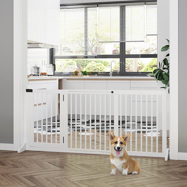 PawHut Cancellino per Cani Taglia Regolabile a 3 Pannelli, in Legno di Pino, 113-166x36x71 cm, Bianco|Aosom