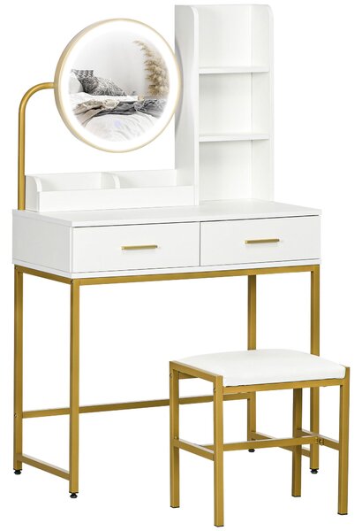 Consolle Trucco Specchio Illuminato a LED e Sgabello Bianco
