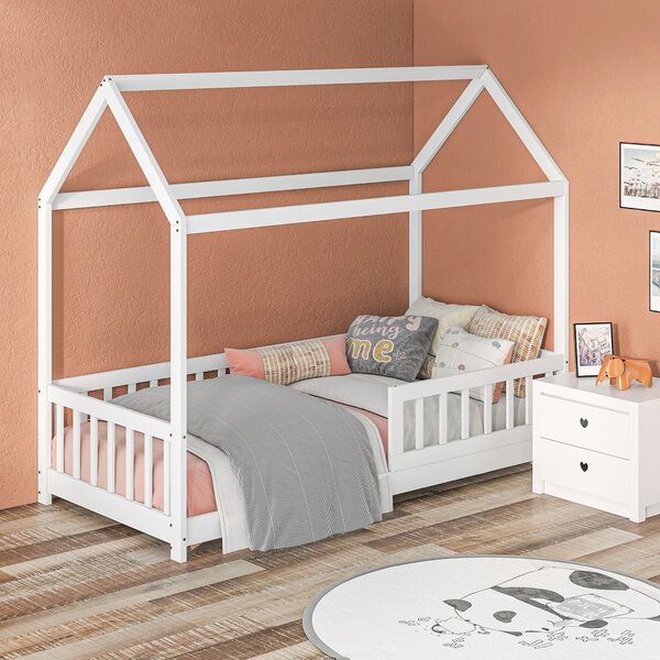 Letto Singolo per Bambini Casetta 96x195x165 cm con Doghe e Recinzione in Legno di Pino Bianco