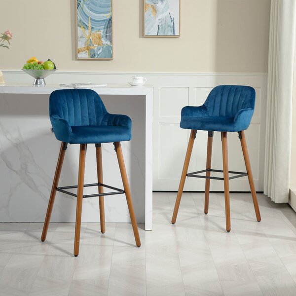 Set 2 Sgabelli da Bar con Schienale in Velluto Blu Scuro