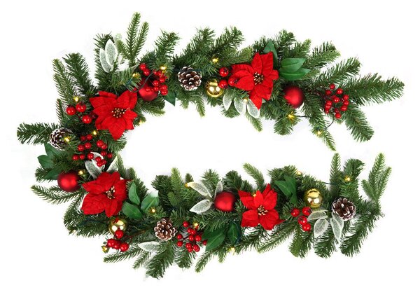 Festone Natalizio con Bacche Fiori Rossi e Pigne 20 Luci LED 180 cm Verde
