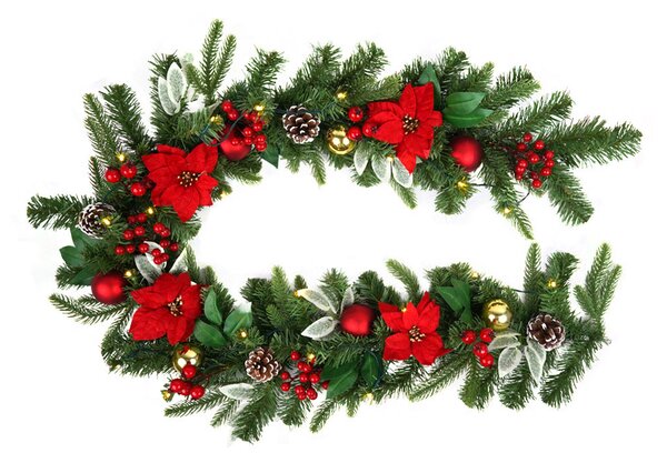 Festone Natalizio con Bacche Fiori Rossi e Pigne 20 Luci LED 180 cm Verde