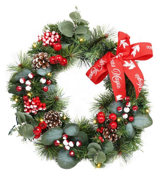 Coroncina di Natale con Bacche e Pigne 15 Luci LED Ø40 cm Verde