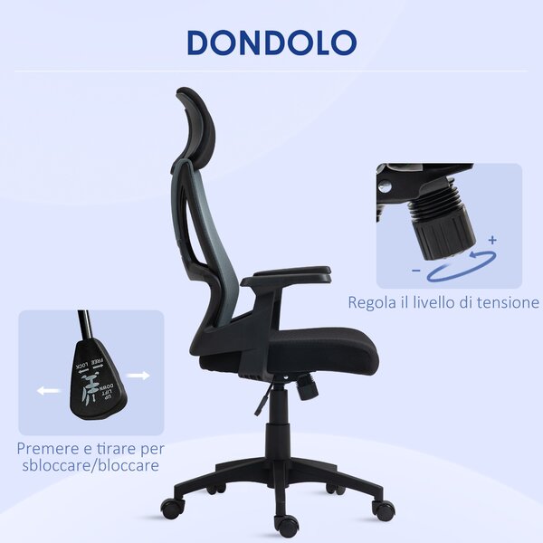HOMCOM Sedia da Ufficio con Supporto Lombare e Poggiatesta, Seduta Girevole con Altezza Regolabile, Nero
