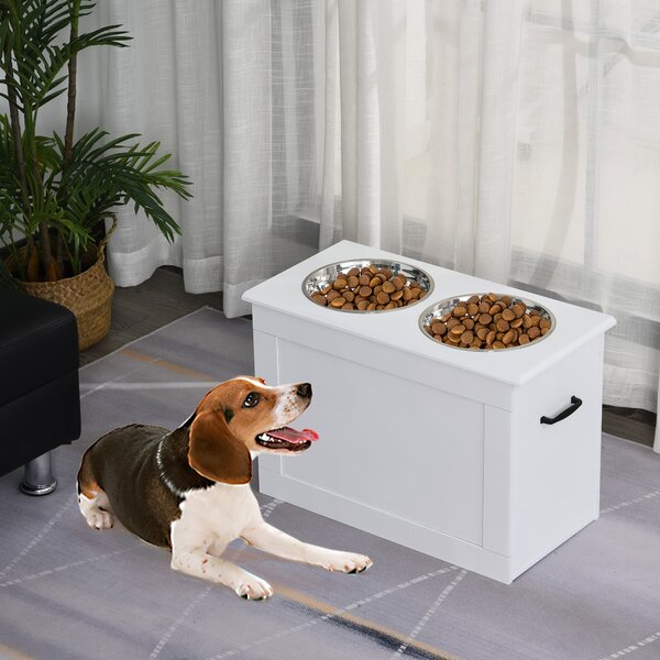 Ciotole per Cani Grandi Rialzate 60x30x41 cm in Acciaio Inox e MDF Bianco