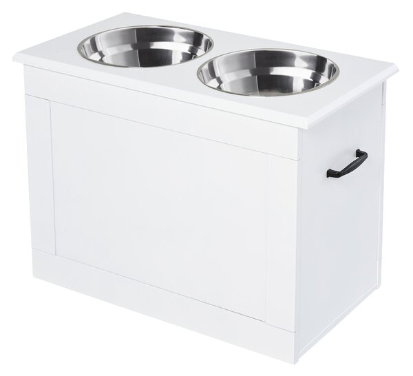 Ciotole per Cani Grandi Rialzate 60x30x41 cm in Acciaio Inox e MDF Bianco