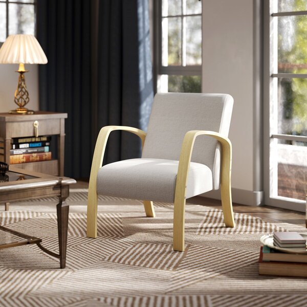 Poltrona Imbottita Stile Scandinavo in Tessuto e Legno di Betulla Grigio