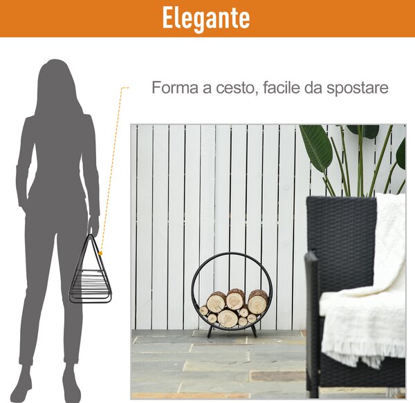 Outsunny Potalegna per Camino con forma cestino, Rack di legna da ardere design elevato, in metallo, Max15kg, nero, 45x29.5x47cm | Aosom Italy