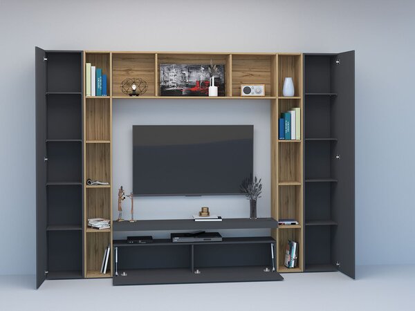 Parete Attrezzata Soggiorno 270x35x210 cm Brooklyn Grigio Antracite Opaco/Rovere Wotan
