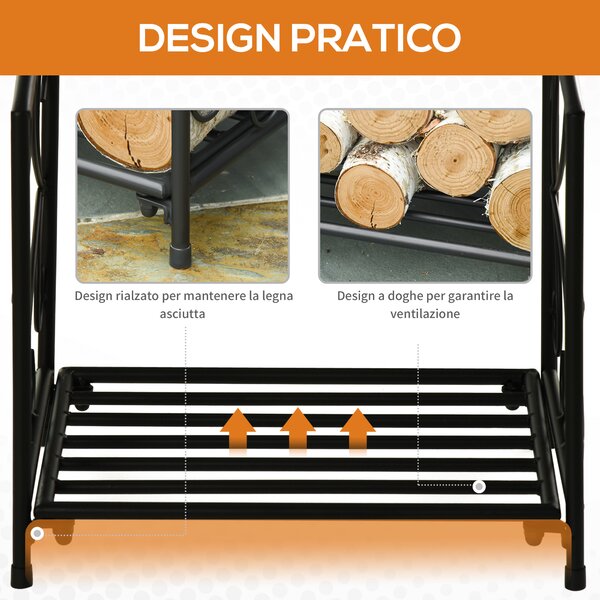 Outsunny Portalegna per Camino da Interno ed Esterno in Metallo con Base Rialzata per 50kg di Legna, 39.5x31.5x39.5cm, Nero|Aosom