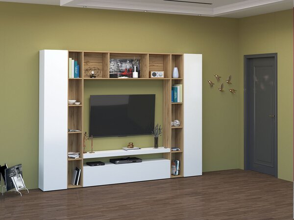 Parete Attrezzata Soggiorno 271x35x210 cm Brooklyn Bianco Lucido/Rovere Wotan