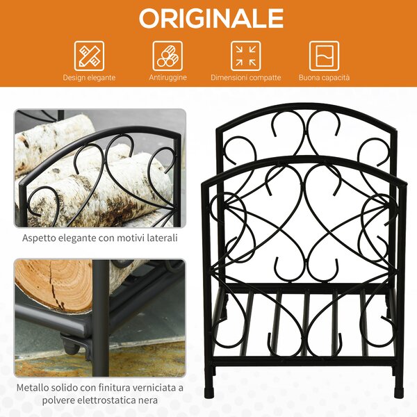 Outsunny Portalegna per Camino da Interno ed Esterno in Metallo con Base Rialzata per 50kg di Legna, 39.5x31.5x39.5cm, Nero|Aosom