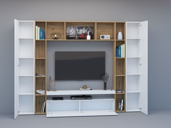 Parete Attrezzata Soggiorno 271x35x210 cm Brooklyn Bianco Lucido/Rovere Wotan