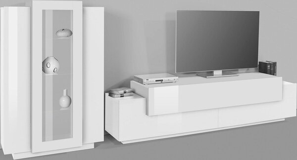 Parete Attrezzata Mobile TV e Vetrina 200x85x120,5 cm Coro Bianco Lucido/Bianco