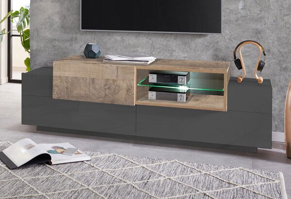 Mobile Tv 3 Ante e Ripiano a Giorno 160x45x51,5 cm Coro Grigio Antracite Opaco/Rovere Wotan