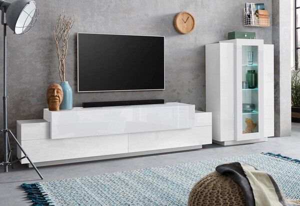 Parete Attrezzata Mobile TV e Vetrina 200x85x120,5 cm Coro Bianco Lucido/Bianco