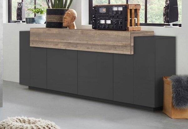 Credenza 5 Ante 200x45x86 cm Coro 4A Grigio Antracite Opaco/Rovere Wotan