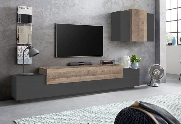 Parete Attrezzata Mobile TV e Pensile 240x45x51,5 cm Coro Grigio Antracite Opaco/Rovere Wotan