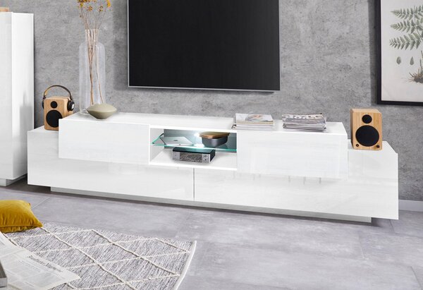 Mobile Tv 4 Ante e Ripiano a Giorno 220x45x51,5 cm Coro Bianco Lucido/Bianco