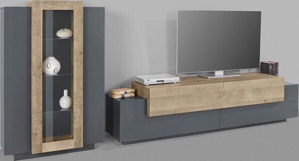 Parete Attrezzata Mobile TV e Vetrina 200x85x120,5 cm Coro Grigio Antracite Opaco/Rovere Wotan