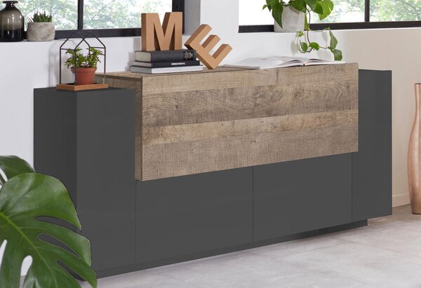 Credenza 4 Ante 160x45x86 cm Coro Grigio Antracite Opaco/Rovere Wotan
