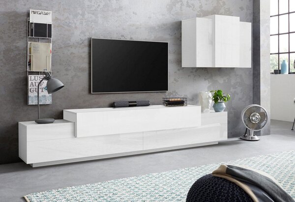 Parete Attrezzata Mobile TV e Pensile 240x45x51,5 cm Coro Bianco Lucido/Bianco