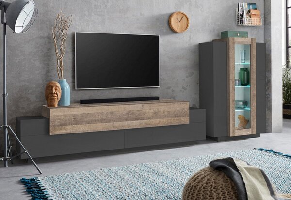 Parete Attrezzata Mobile TV e Vetrina 200x85x120,5 cm Coro Grigio Antracite Opaco/Rovere Wotan