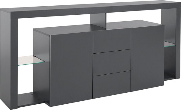 Credenza con 2 Ante 3 Cassetti e Ripiani in Vetro a Giorno 180x40x80 cm Essential 2A 3C Grigio Antracite Opaco