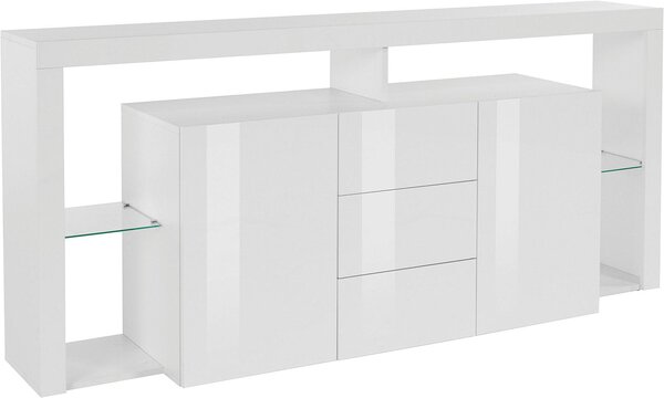 Credenza con 2 Ante 3 Cassetti e Ripiani in Vetro a Giorno 180x40x80 cm Essential 2A 3C Bianco Lucido