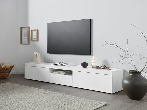 Mobile Tv 3 Ante e Ripiano a Giorno 220x40x35 cm Essential 2A 1R Bianco Lucido