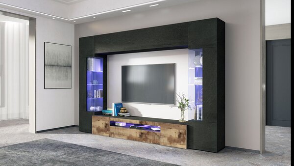 Parete Attrezzata Soggiorno 290x40x190 cm New Egypt Ardesia/Acero Pereira