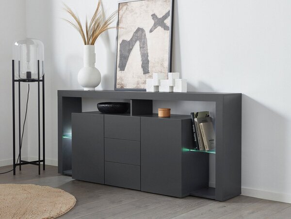 Credenza con 2 Ante 3 Cassetti e Ripiani in Vetro a Giorno 180x40x80 cm Essential 2A 3C Grigio Antracite Opaco