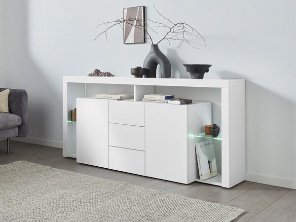 Credenza con 2 Ante 3 Cassetti e Ripiani in Vetro a Giorno 180x40x80 cm Essential 2A 3C Bianco Lucido