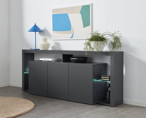 Credenza con 3 Ante e Ripiani in Vetro a Giorno 200x40x80 cm Essential 3A Grigio Antracite Opaco