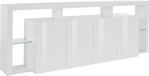 Credenza con 4 Ante e Ripiani in Vetro a Giorno 220x40x80 cm Essential 3A Bianco Lucido