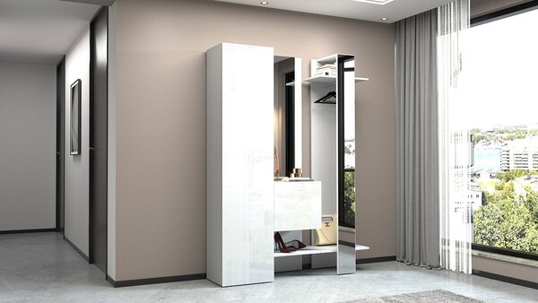 Mobile Ingresso Appendiabiti e 2 Specchi 140x35x191 cm Kompact Bianco Lucido