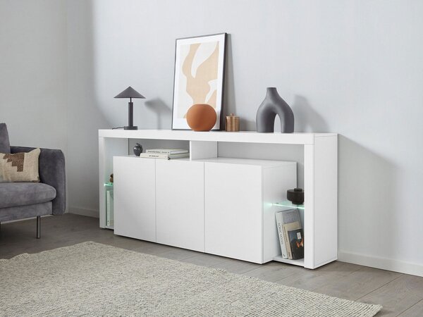 Credenza con 3 Ante e Ripiani in Vetro a Giorno 200x40x80 cm Essential 3A Bianco Lucido